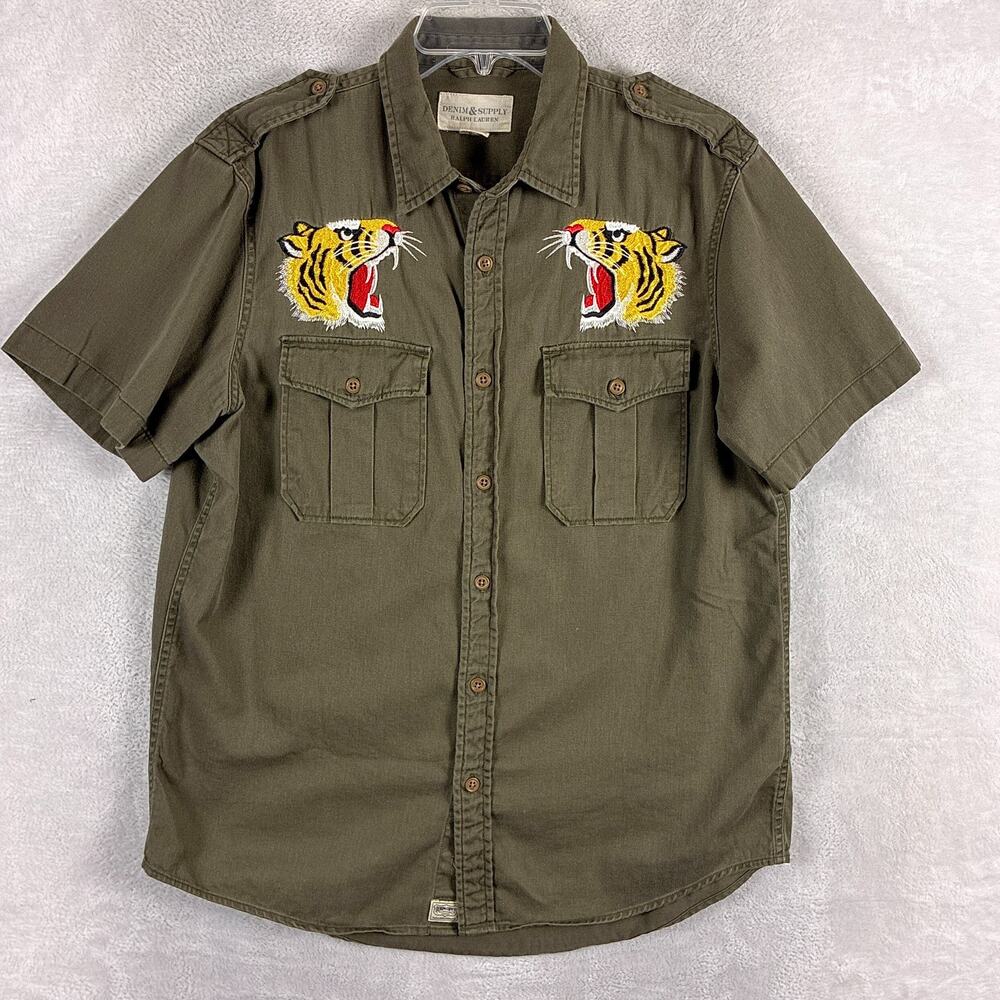 VTG Denim & Supply Ralph Lauren Shirt Men L Olive Embroidered Tiger Military Y2K